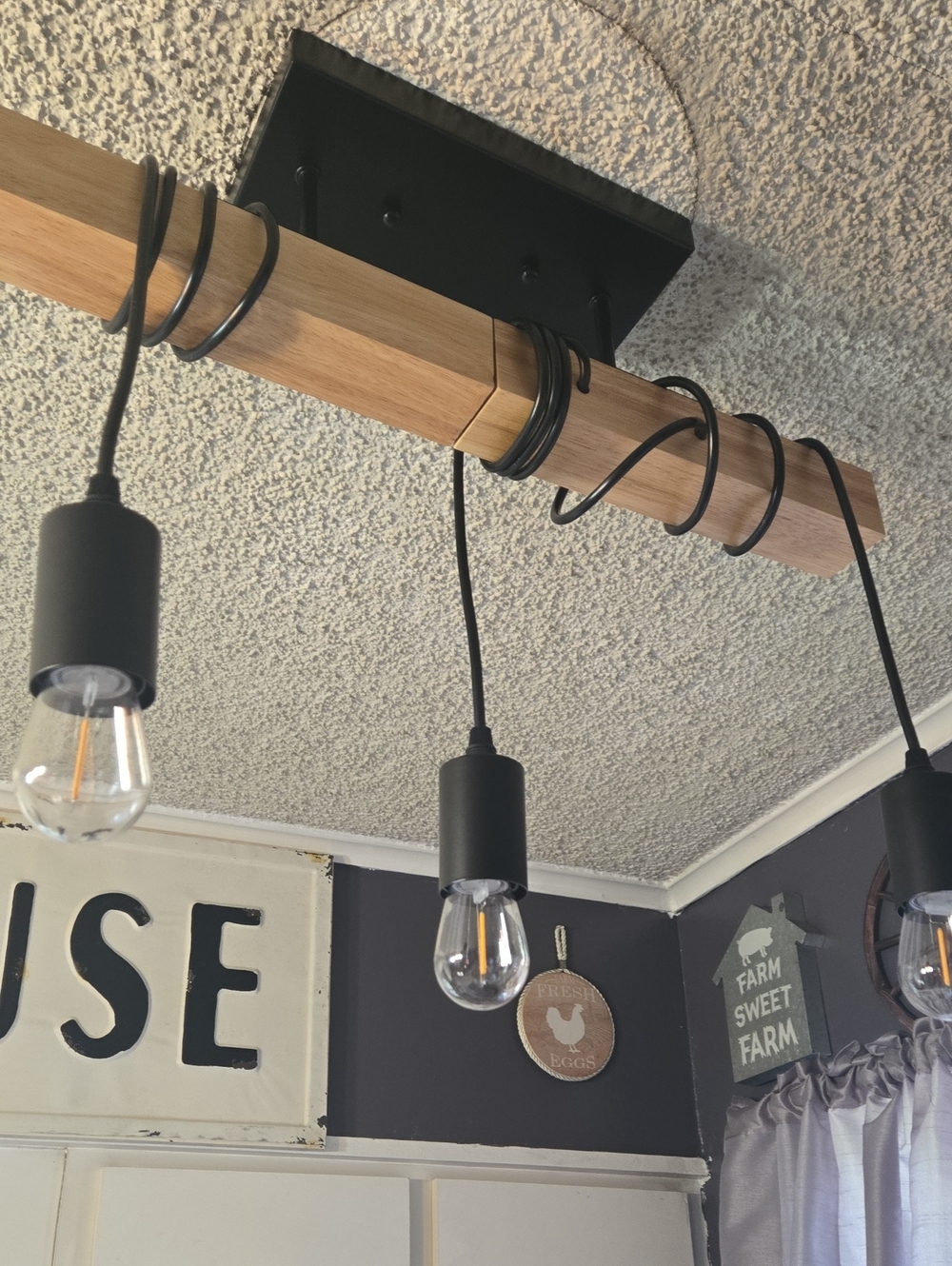 Modern Industrial 3-Light Wood & Black Pendant Fixture